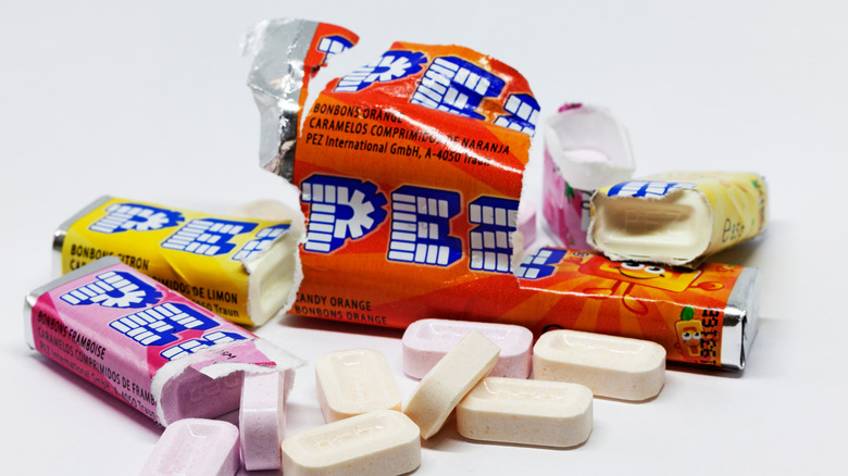 Packages of opened fruity flavored Pez