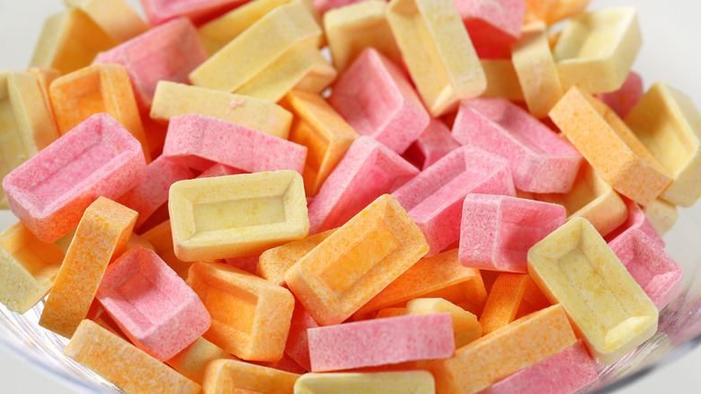 Pez candy in a glass bowl