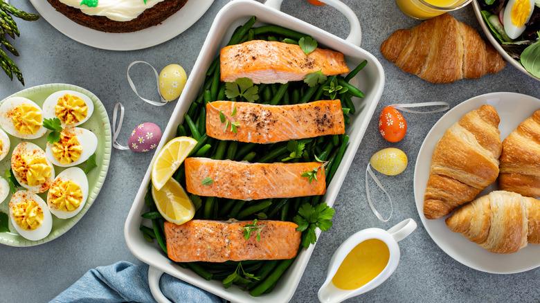 Roasted salmon over greens