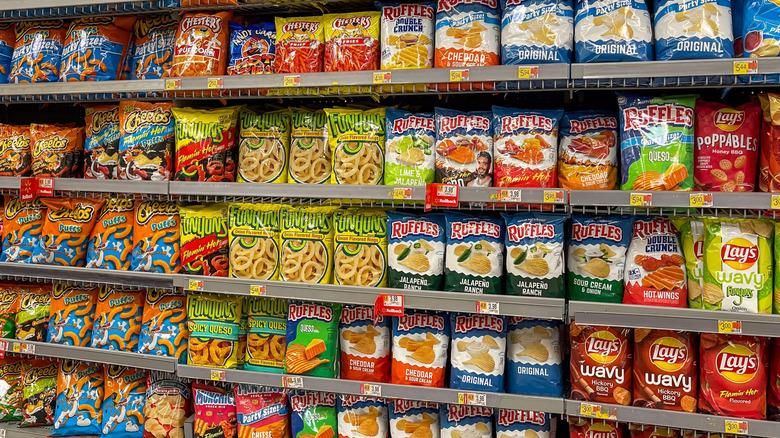 Chip bags in grocery aisle