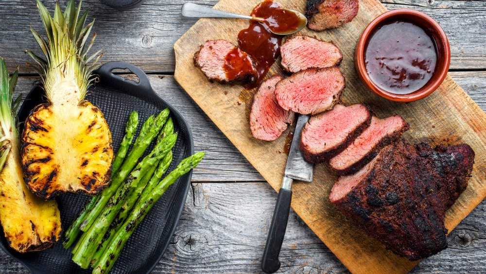 Wagyu tri-tip steak with asparagus and pineapple