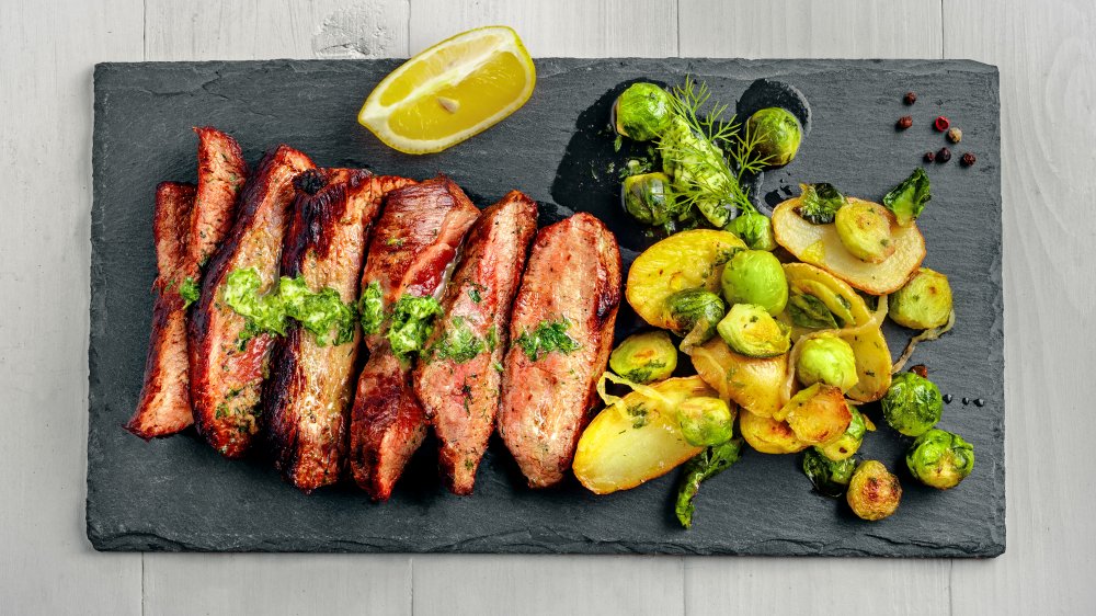 Hanger steak with Brussels sprouts and potatoes