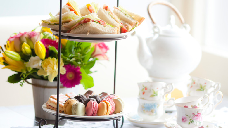 High tea assortment flowers and tea pot