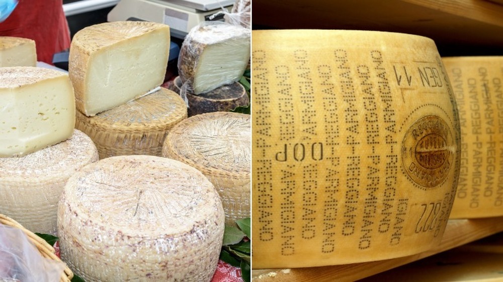 Pecorino Romano and Parmigiano Reggiano wheels