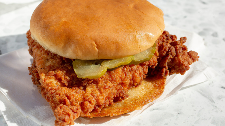 A closeup of a fried chicken sandwich
