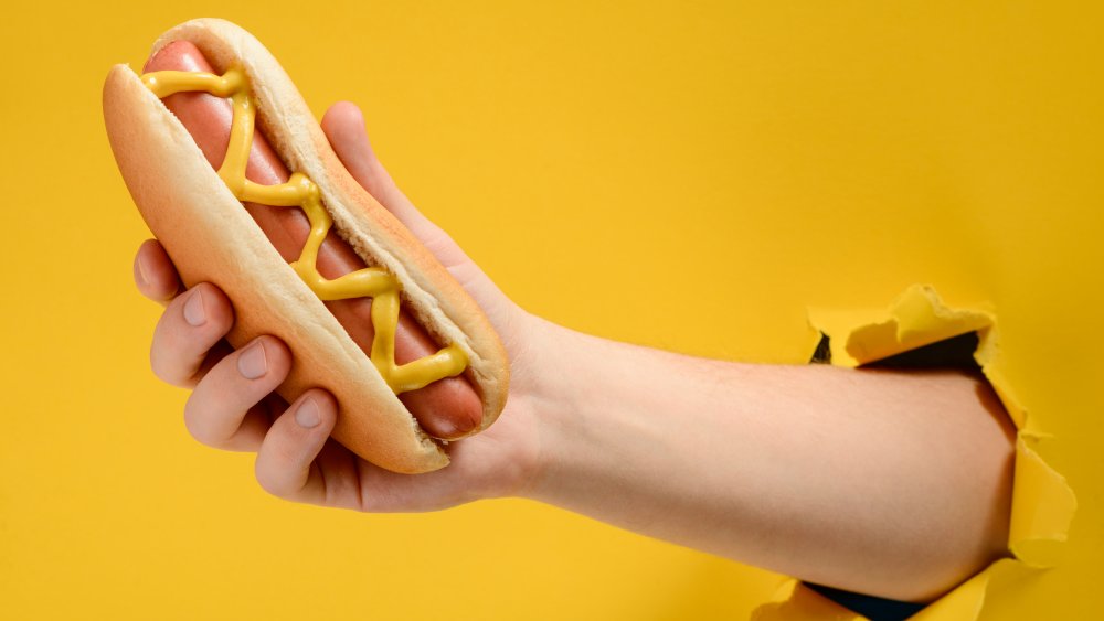 A hand holding a hot dog