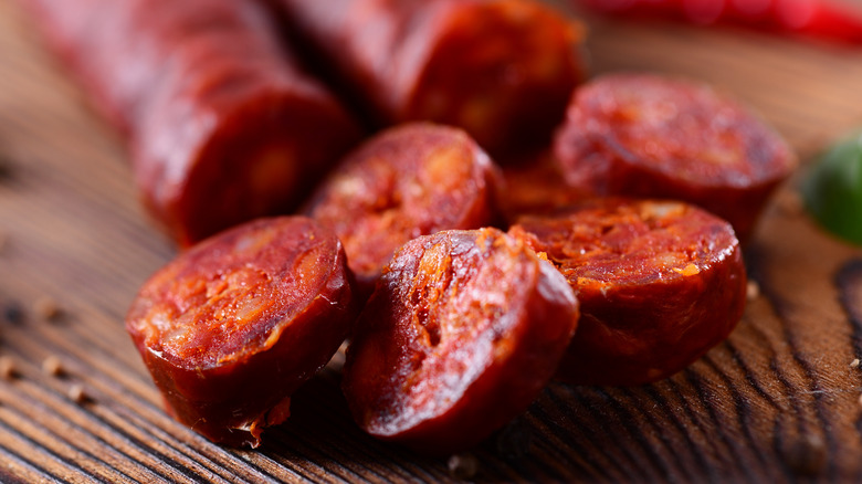 Closeup of sliced Spanish chorizo