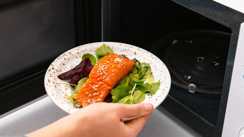 Salmon being put in the microwave