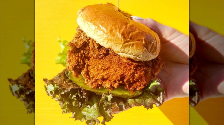 Someone holding a fried chicken sandwich with pickles and lettuce on a bright yellow background