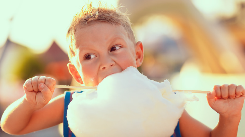 Little boy eating cotton candy