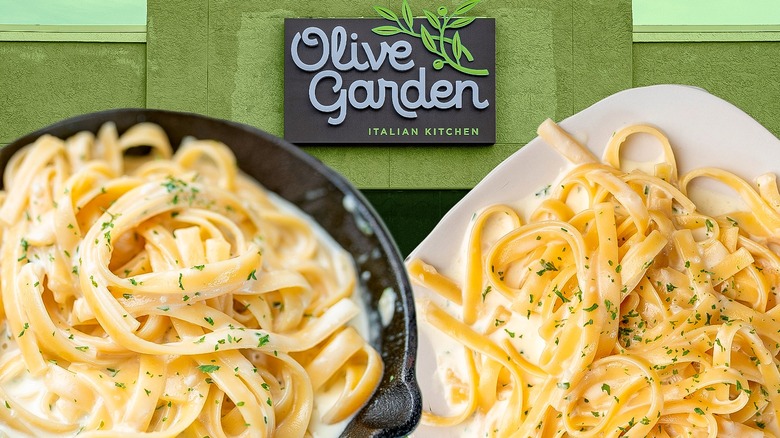 Composite image fettuccine alfredo dishes Olive Garden