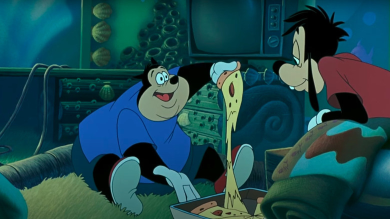 A Goofy Movie characters holding pizza