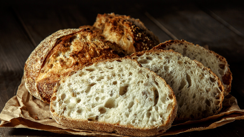 round loaf of sourdough bread sliced