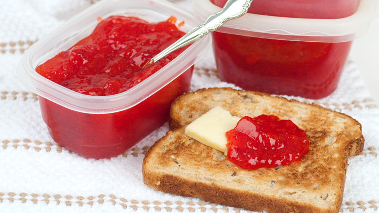 toast with containers of jelly