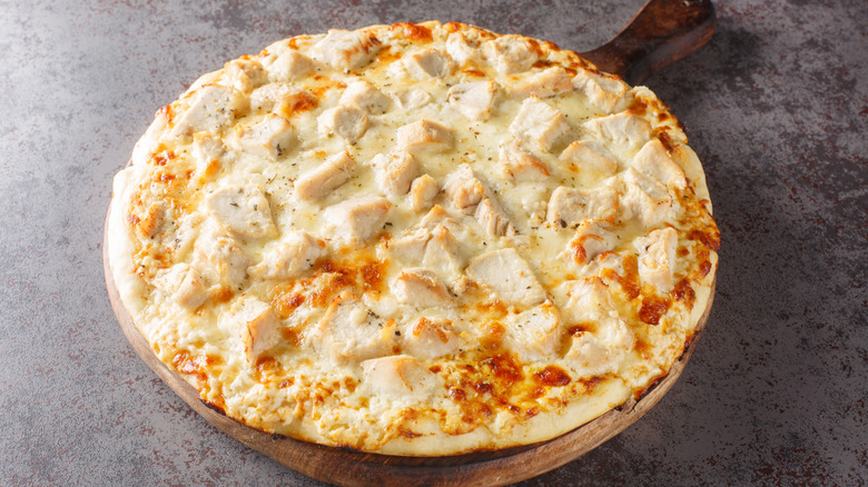 Parmesan crusted chicken Alfredo pizza