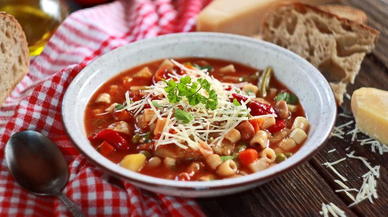 minestrone soup in a bowl with Italian pasta and vegetables