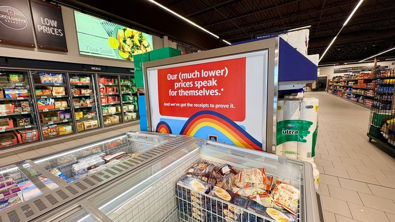The freezer aisle of an Aldi grocery store.