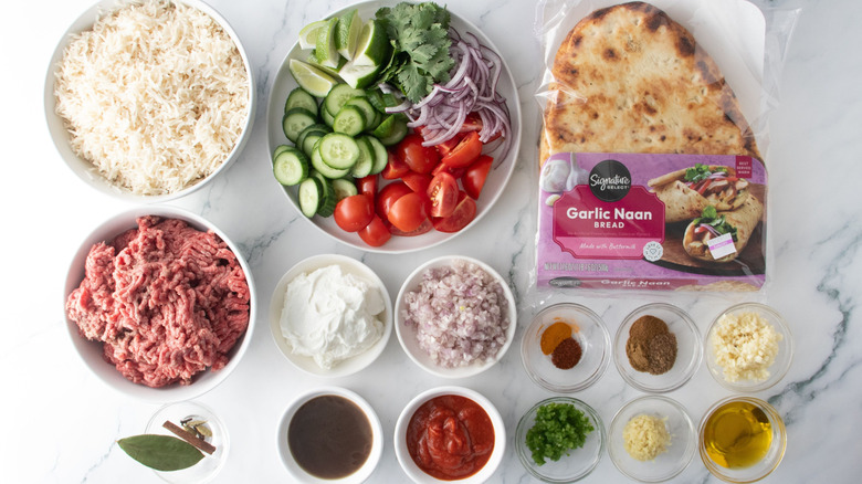 Ingredients for ground beef keema rice bowls