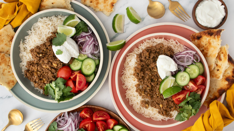 Beef keema rice bowls with various toppings