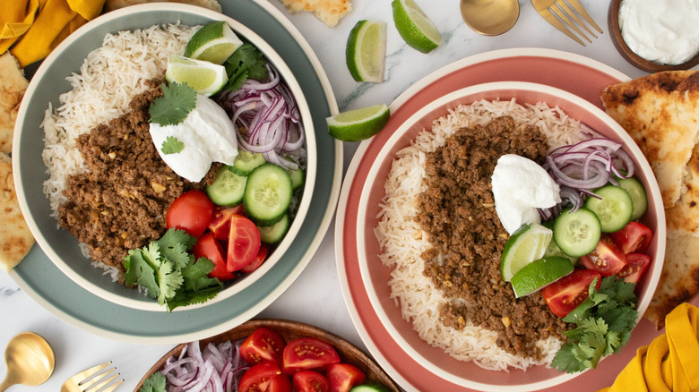 Ground beef keema rice bowls with various toppings