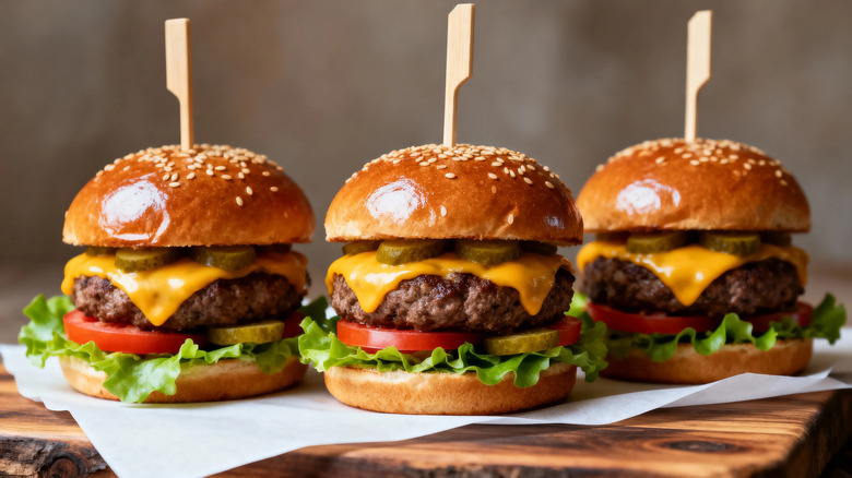 Three cheeseburgers lined up