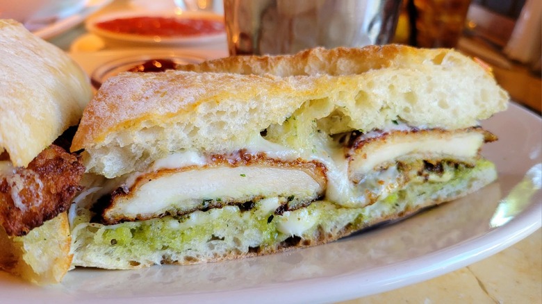 Closeup of Cheesecake Factory chicken parmesan sandwich