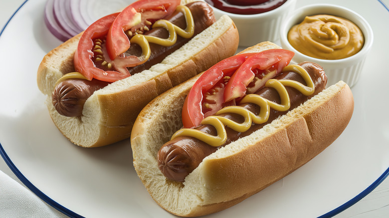 Hot dogs on plate with condiments