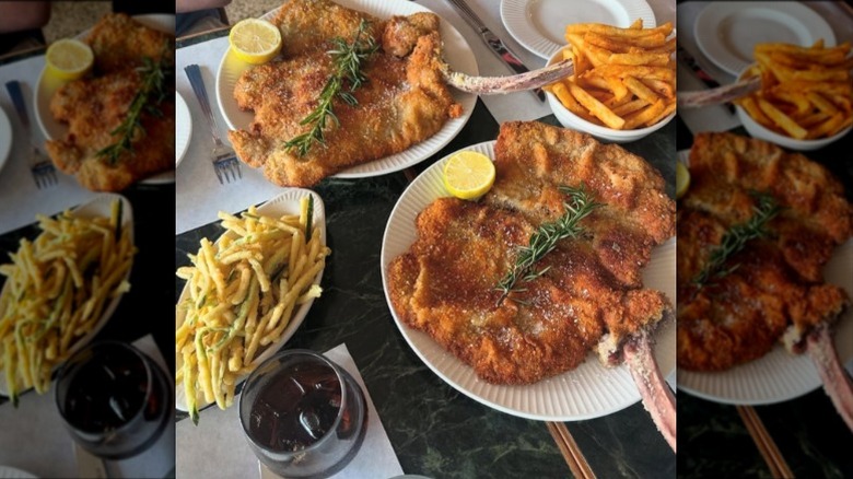 Cutlets and fries on white plates