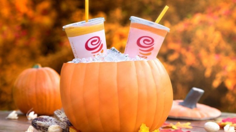 Jamba's Pumpkin Smash Smoothie in a hollowed-pumpkin
