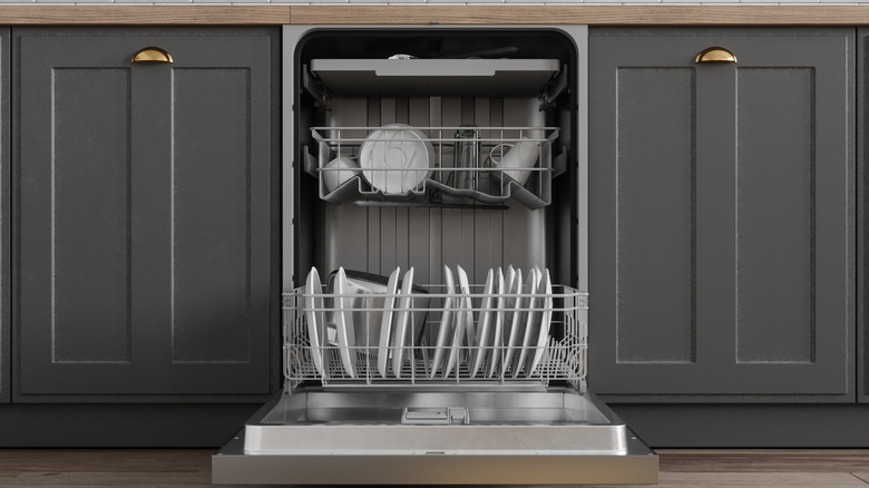 Open dishwasher in a modern kitchen