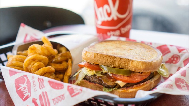 A burger, fries and drink from Jack in the Box