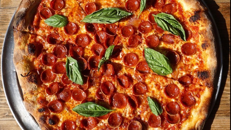New York style pizza on pan