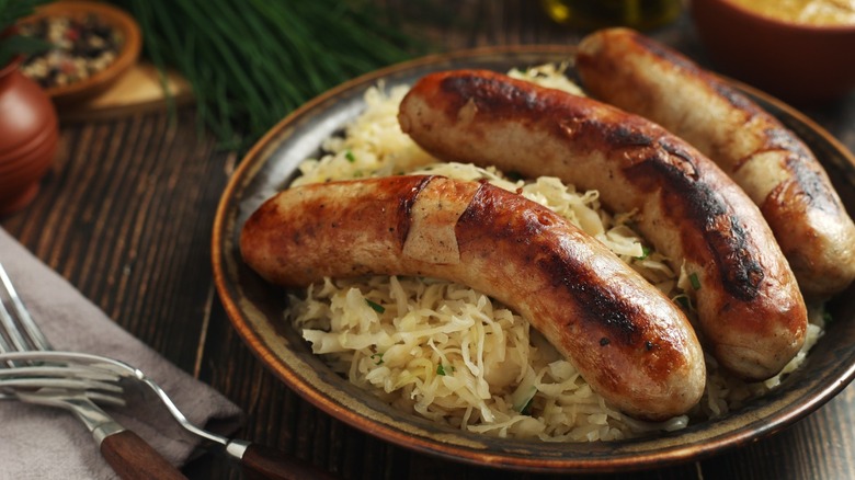 Bratwurst and sauerkraut on a plate