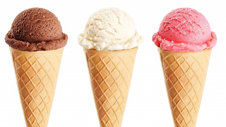 Cones with chocolate, vanilla, strawberry