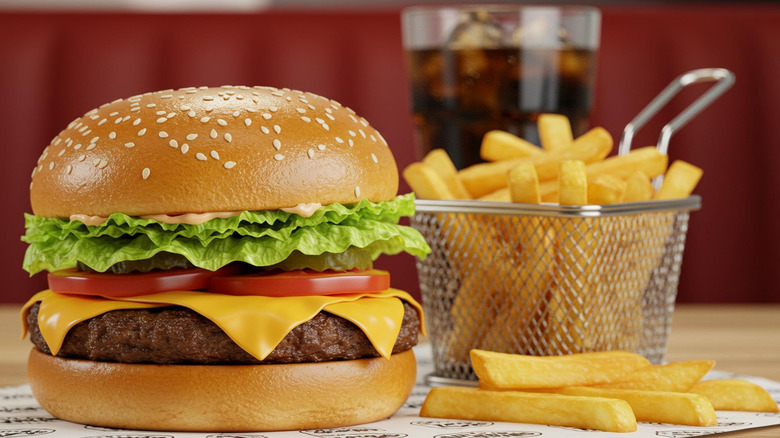 Basic cheeseburger with fries and soda