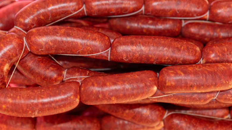 Close-up on strings of chorizo sausage