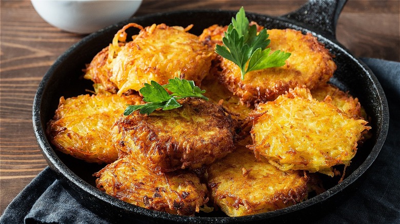 Closeup of golden latkes