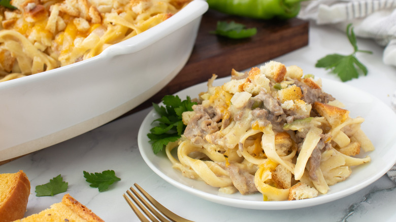 philly cheesesteak-inspired pasta on plate