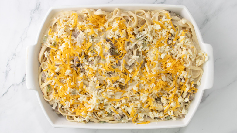 cheesy steak pasta in baking dish