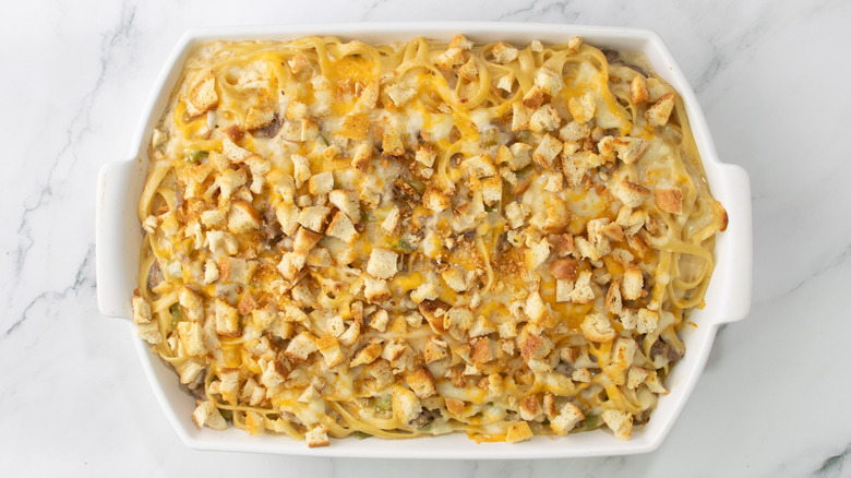 philly cheesesteak-inspired pasta in baking dish