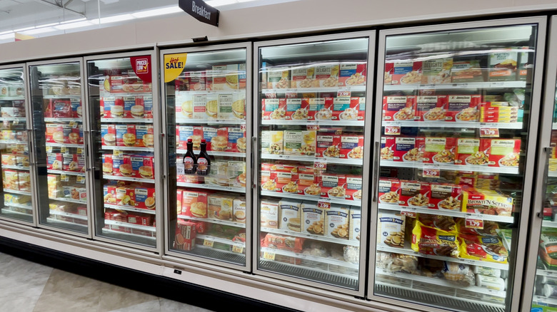 Frozen breakfast aisle in grocery store