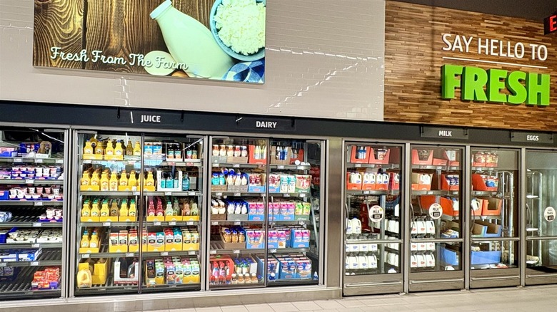 Dairy coolers inside Aldi.