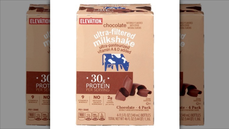 Box of Elevation chocolate ultra-filtered milkshakes against white background.