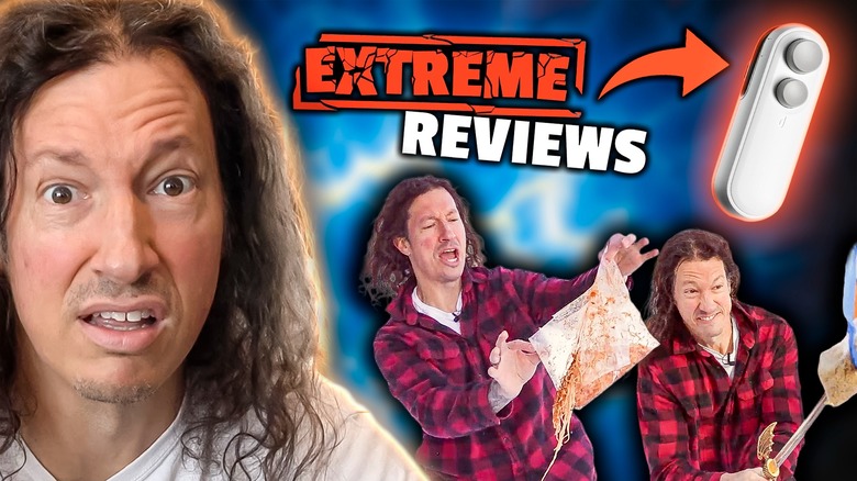 The host of "Extreme Reviews" holding mini bag sealers.