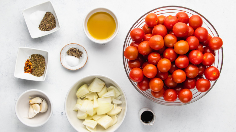 Roasted tomato marinara sauce ingredients laid out