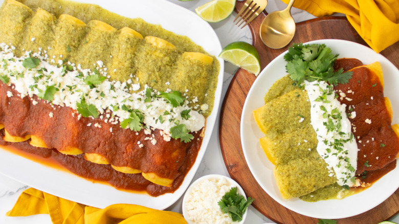 seafood enchiladas divorciadas in dish and plate