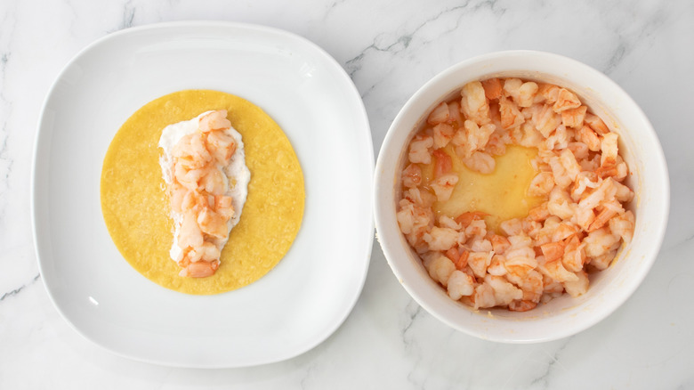 tortilla with queso cream and shrimp filling