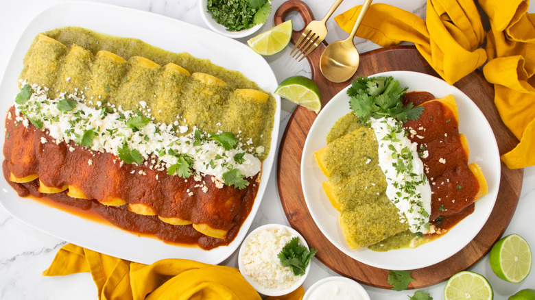 garnished seafood enchiladas divorciadas platter and plate