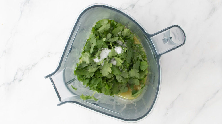 green vegetables and broth in blender