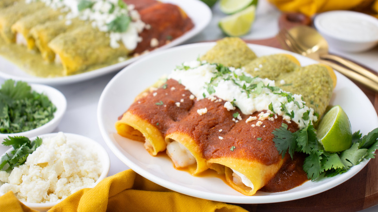 plate of seafood enchiladas divorciadas